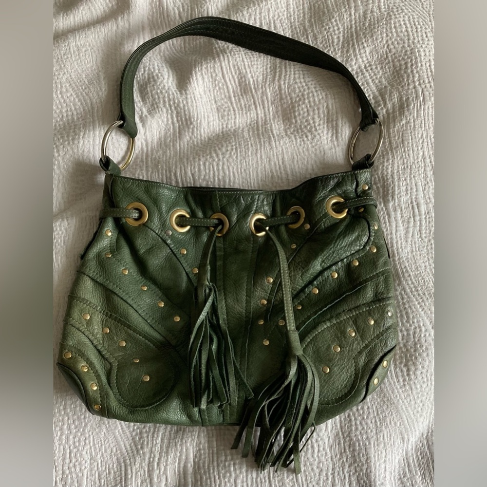 Bulga Gold Stud Grommets with Tassels Hobo Bag in Green